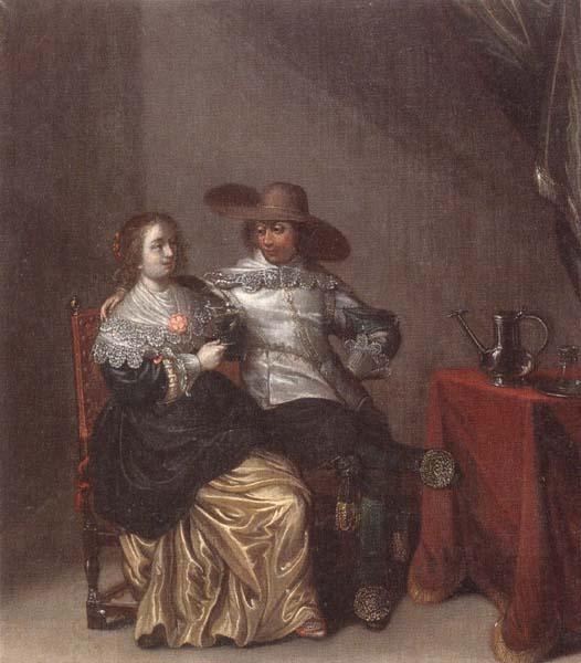 Laurentius de Neter An interior with a soldier makng advances to a lady,deside a table draped with a red cloth,with a pewther jug and an upturned roemer on a pewter dish China oil painting art